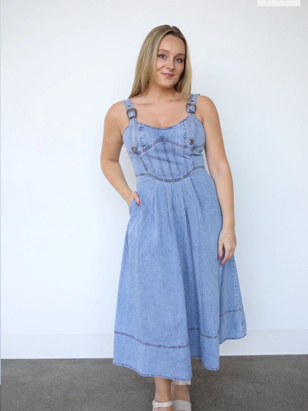 Listicle Light Wash Sleeveless Denim Midi Dress with Buckle Detail